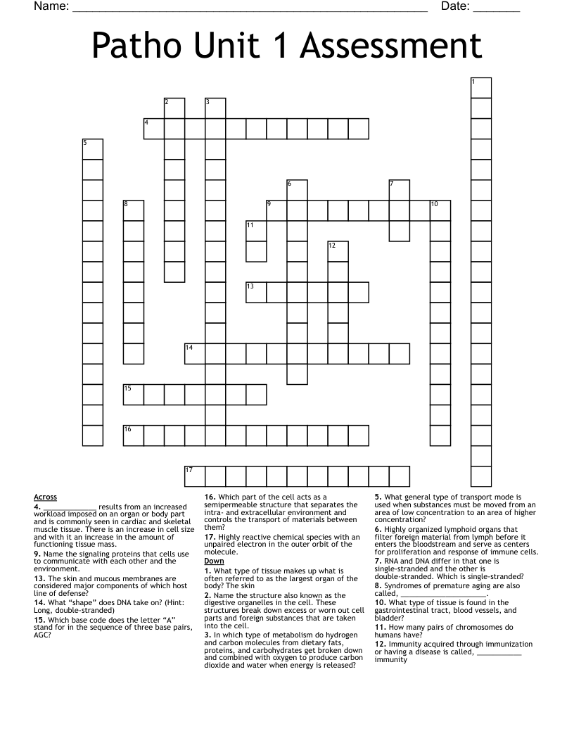 Patho Unit 1 Assessment Crossword