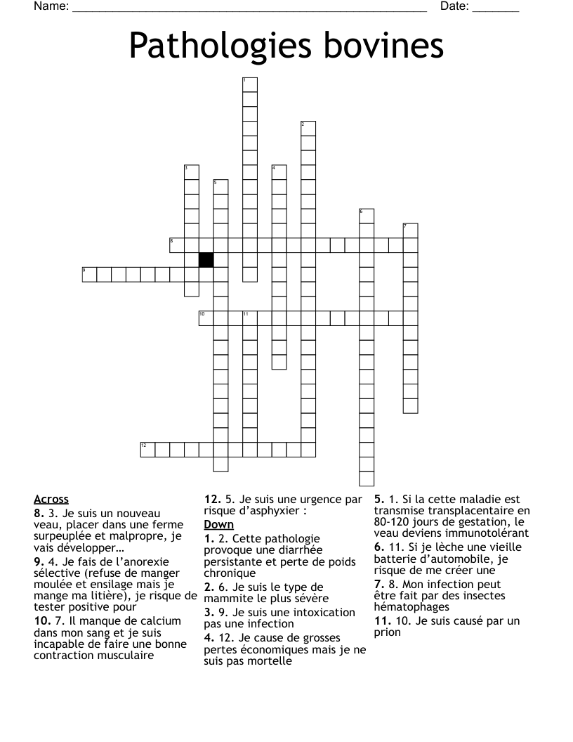 Pathologies bovines Crossword