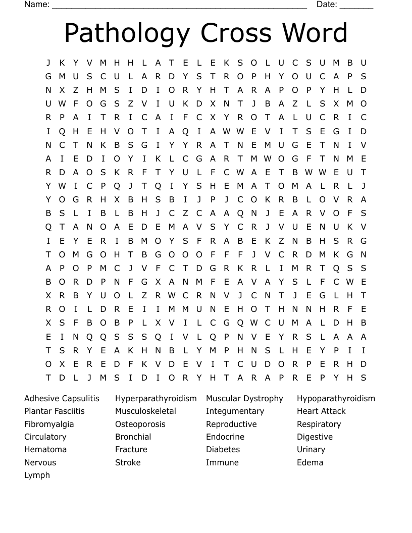 Pathology Cross Word Word Search