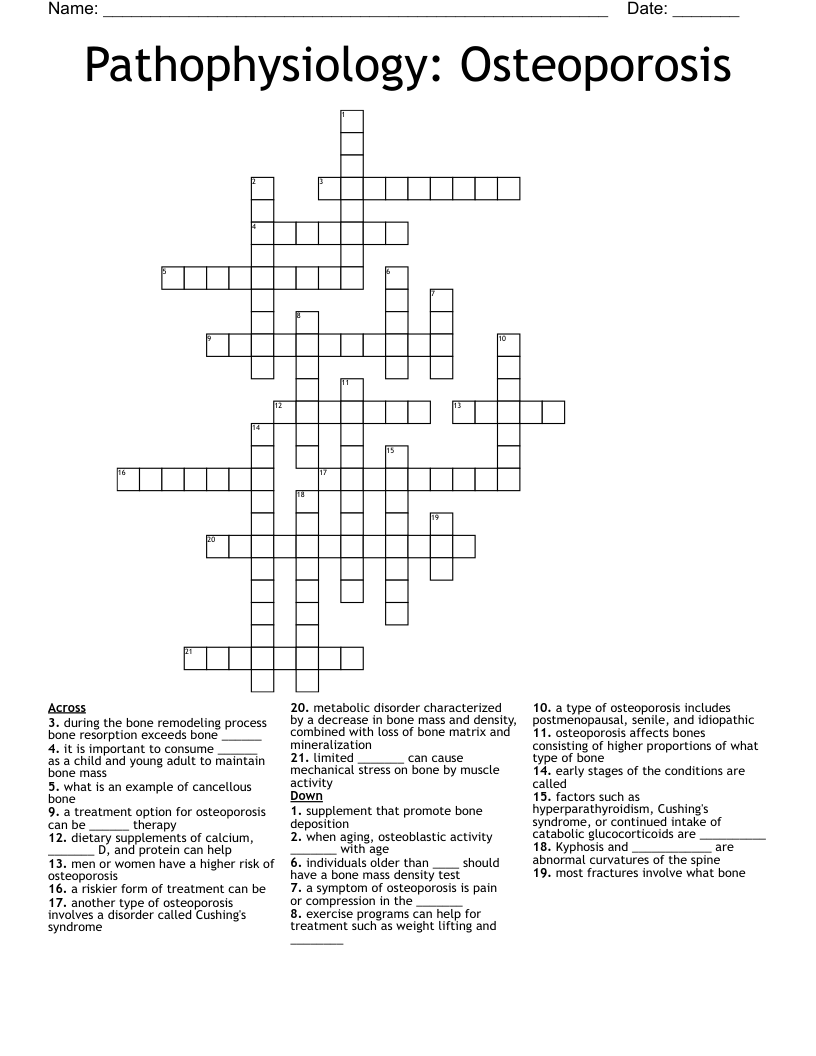 Pathophysiology: Osteoporosis Crossword