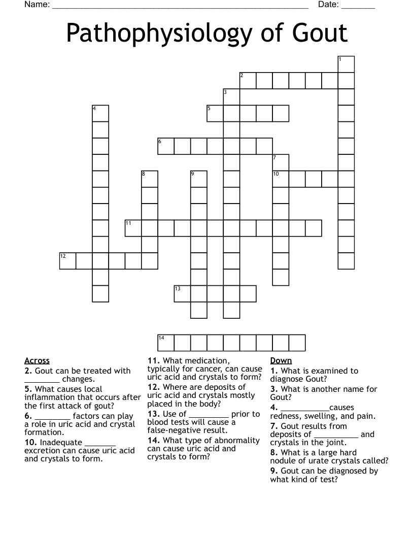 Pathophysiology of Gout Crossword