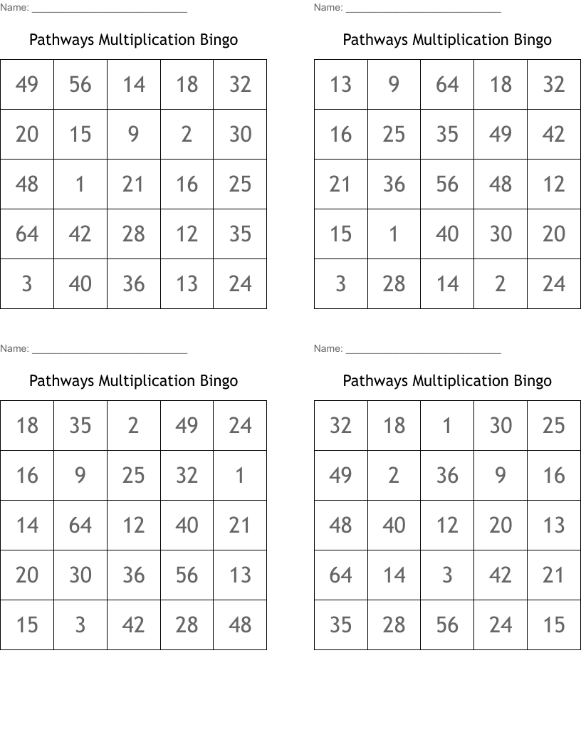 Pathways Multiplication Bingo