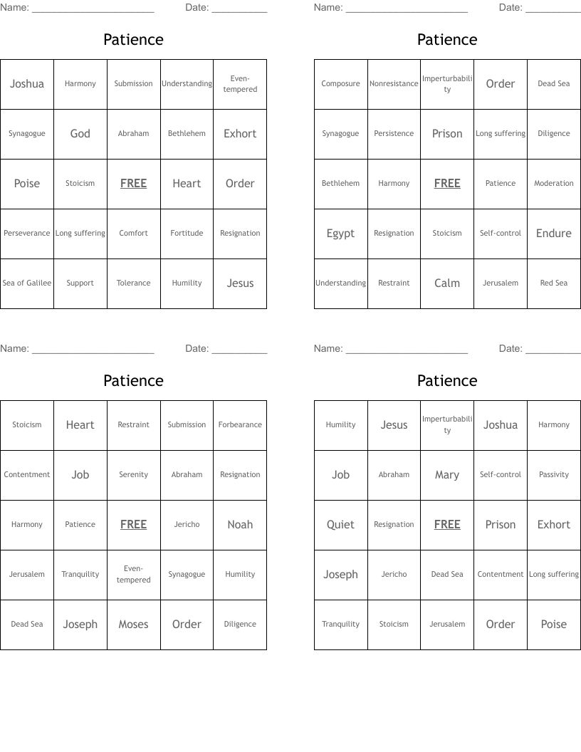 Patience Bingo Cards