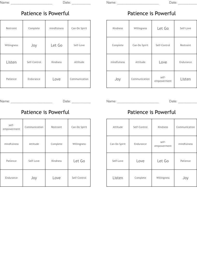 Patience is Powerful Bingo Cards