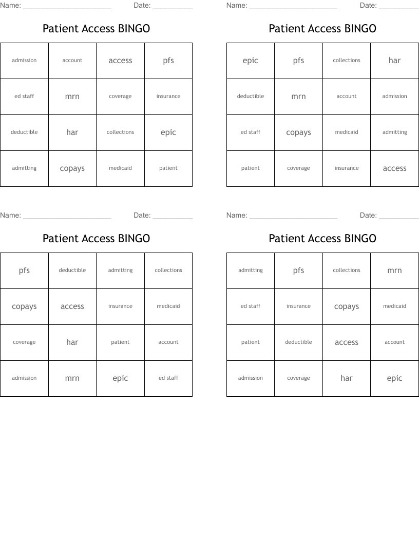 Patient Access BINGO