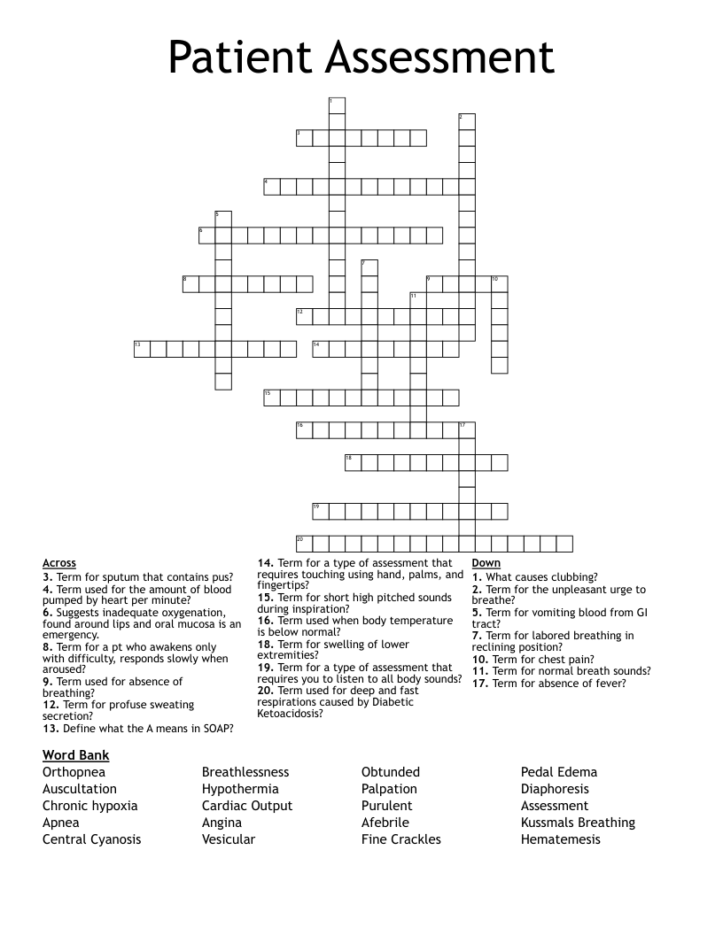 Patient Assessment Crossword