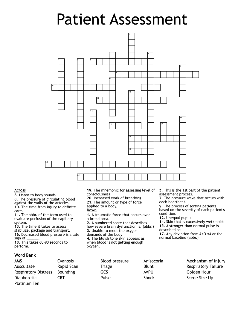 Patient Assessment Crossword