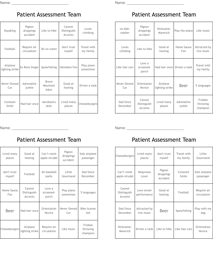 Patient Assessment Team Bingo Cards