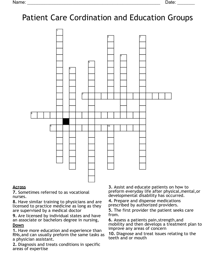 Patient Care Cordination and Education Groups Crossword