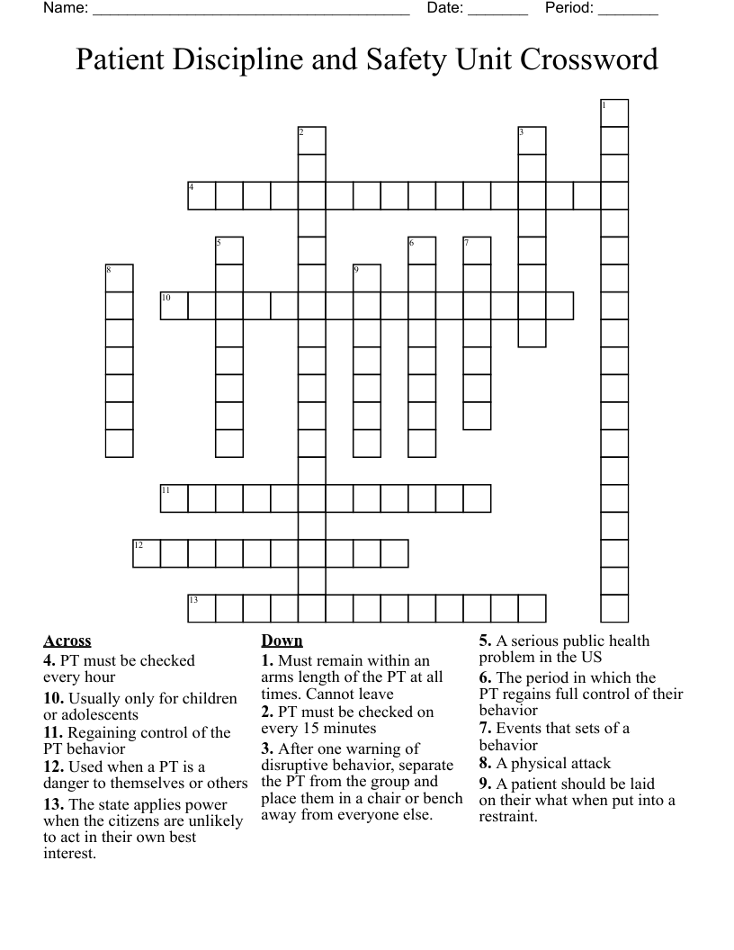 Patient Discipline and Safety Unit Crossword