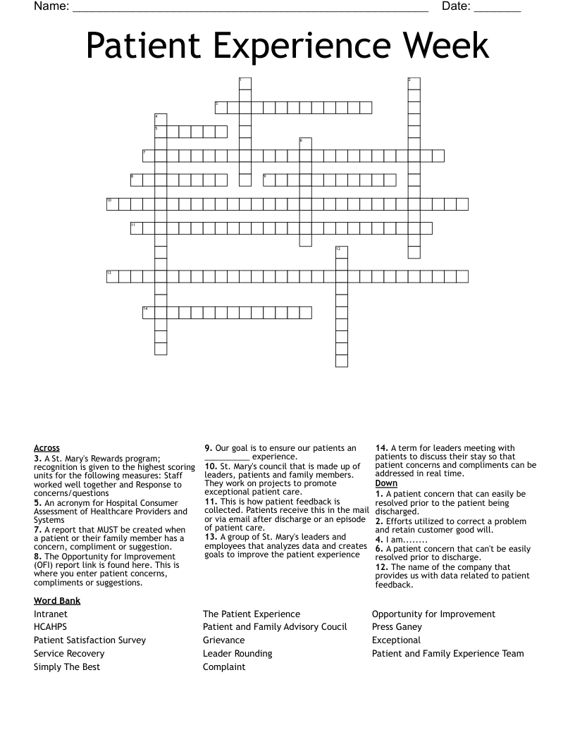 Patient Experience Week Crossword