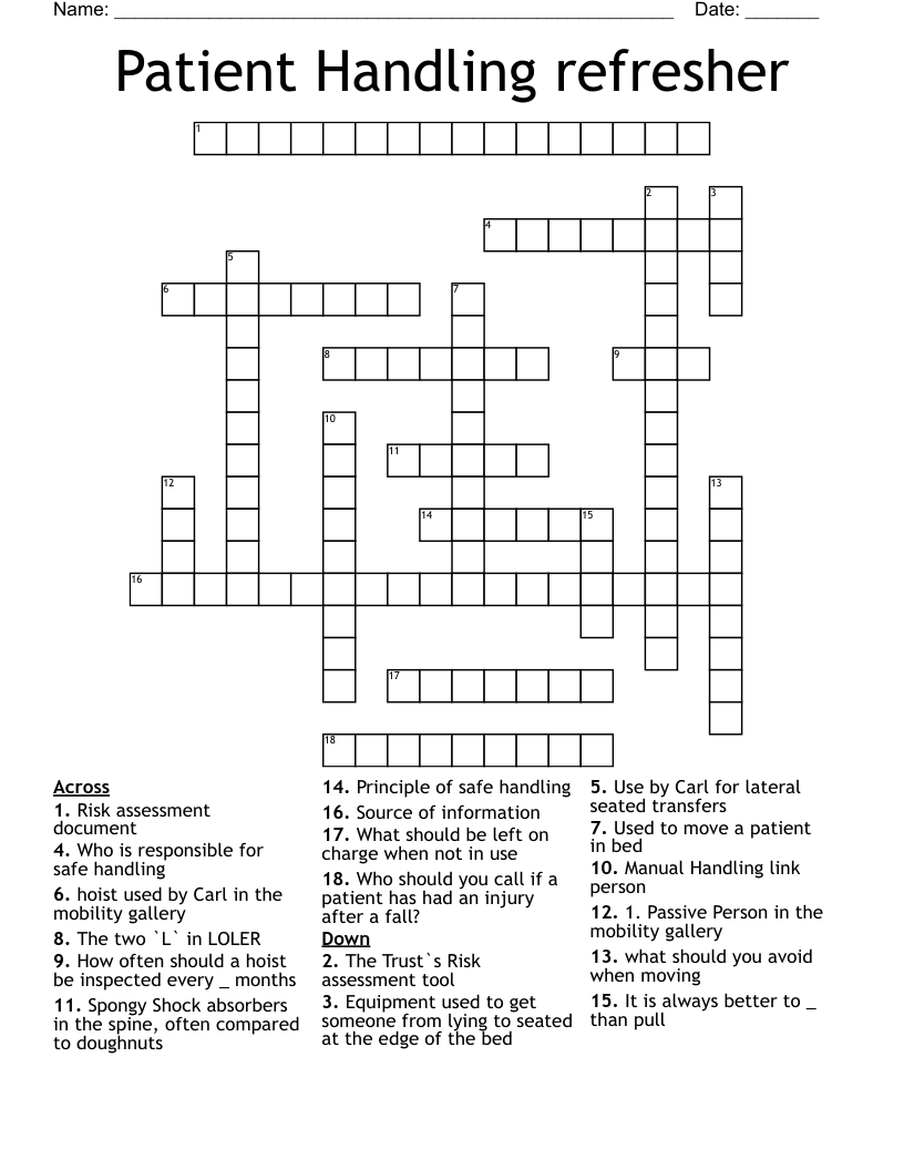 Patient Handling refresher Crossword