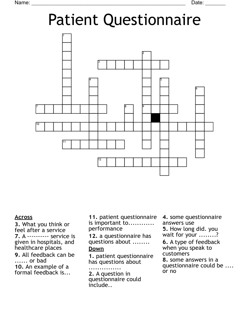 Patient Questionnaire Crossword