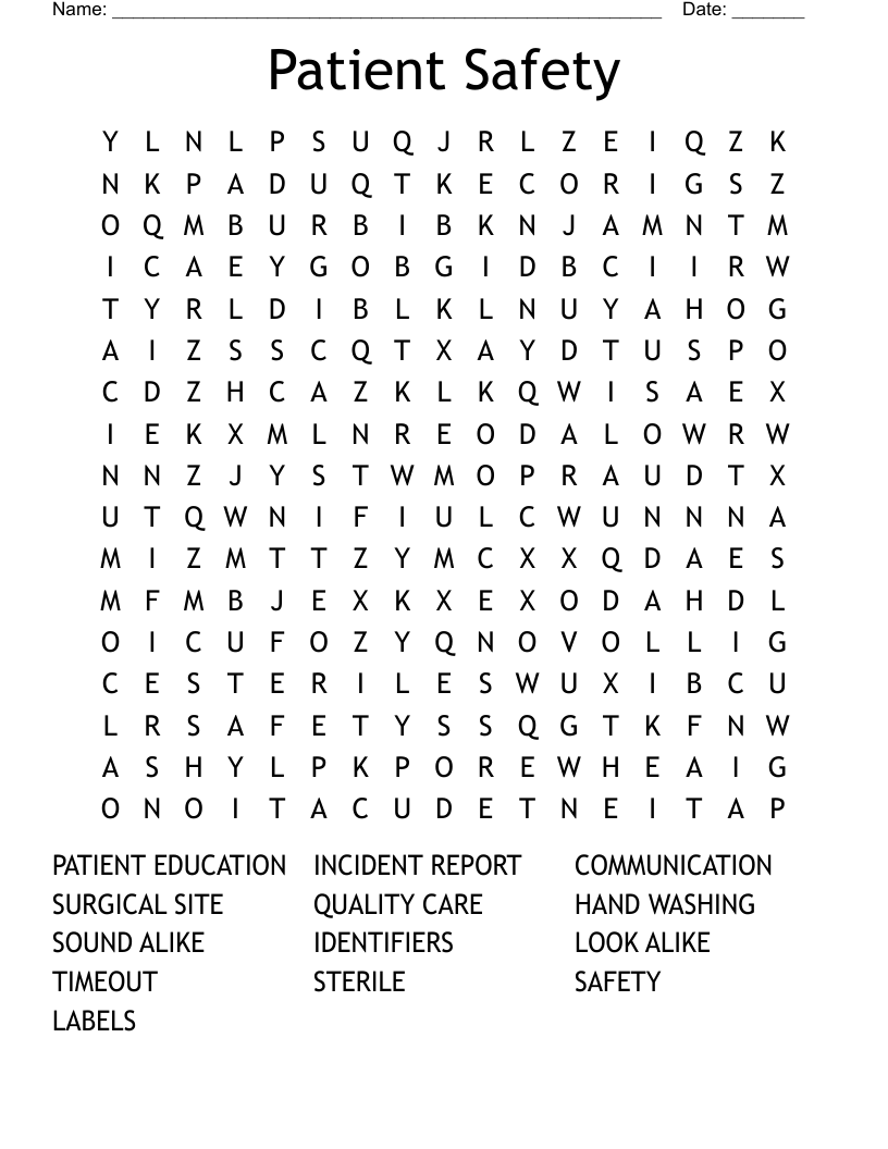 Patient Safety Word Search