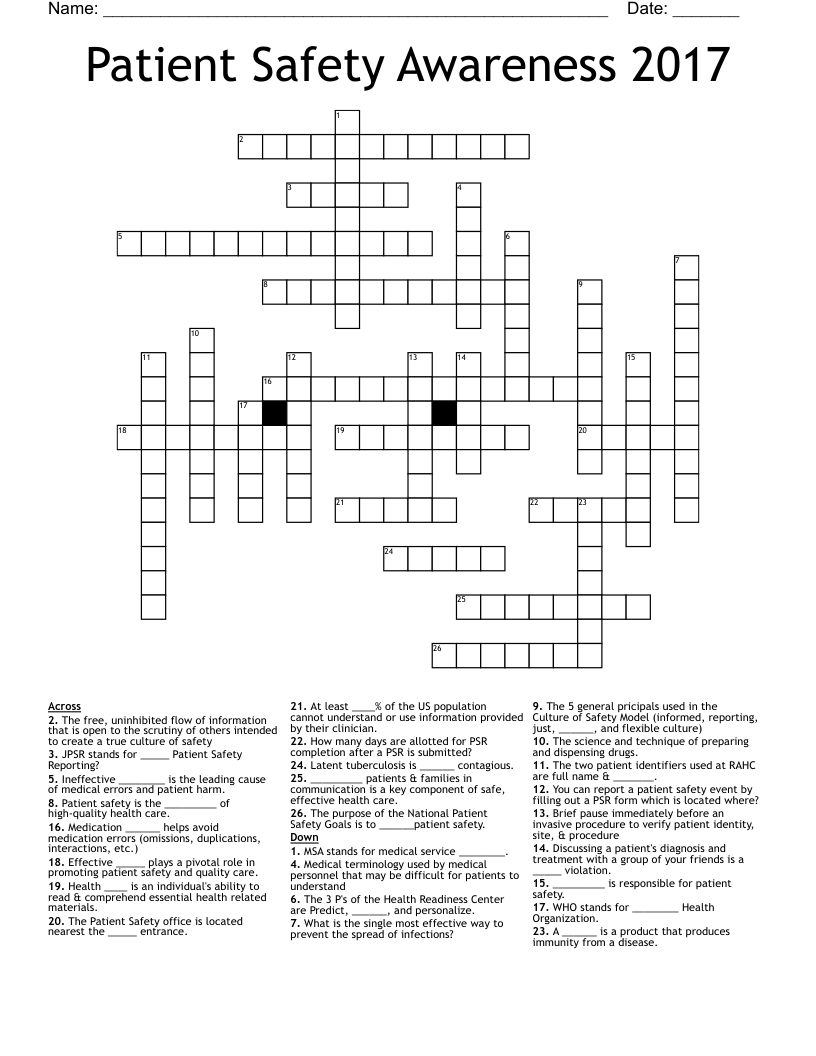 Patient Safety Awareness 2017 Crossword