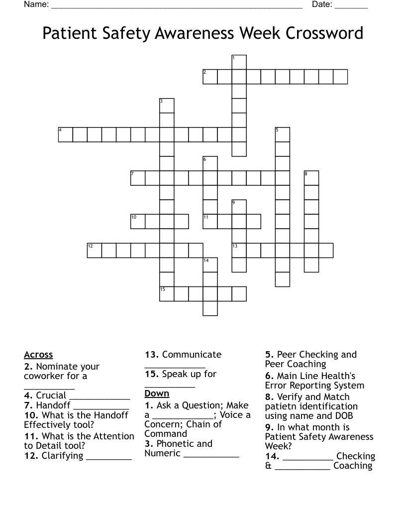 Patient Safety Awareness Week Crossword