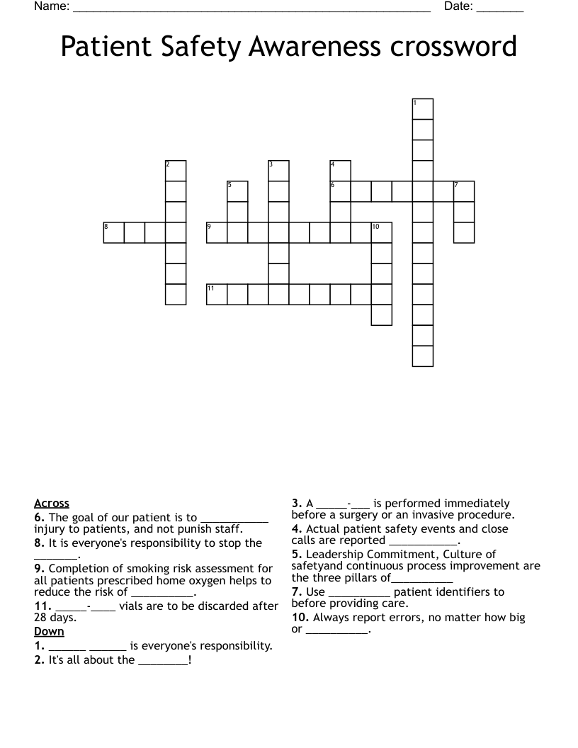 Patient Safety Awareness crossword