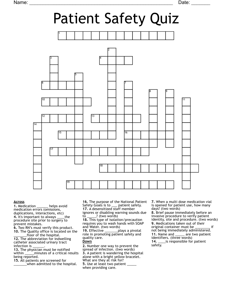 Patient Safety Quiz Crossword