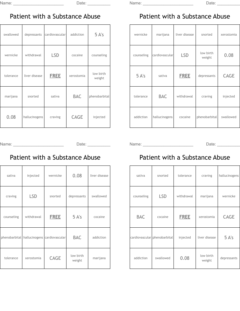 Patient with a  Substance Abuse  Bingo Cards