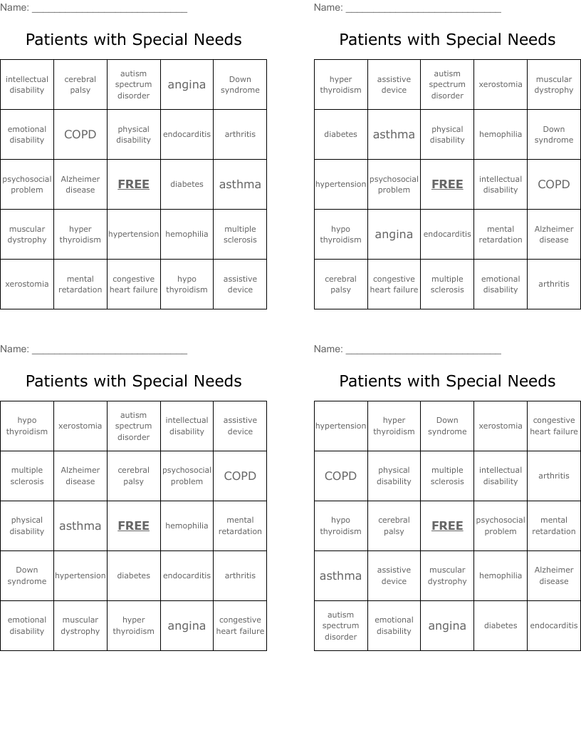 Patients with Special Needs Bingo Cards