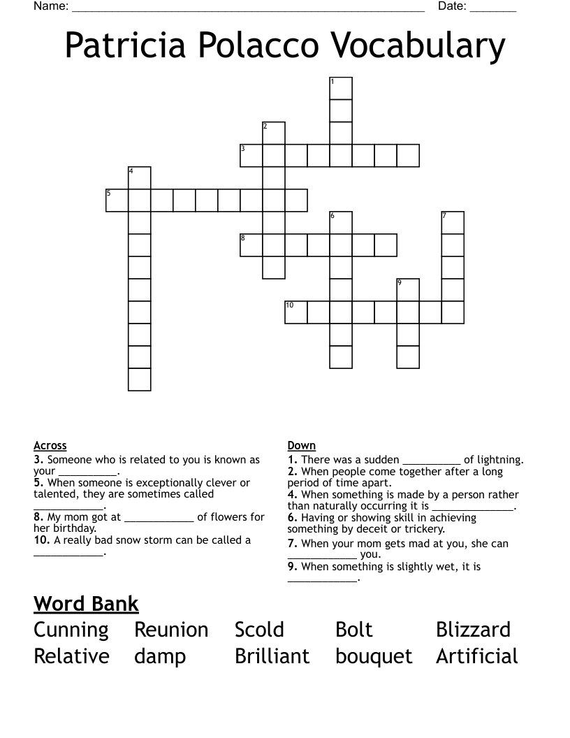 Patricia Polacco Vocabulary  Crossword