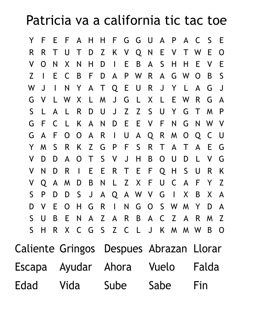 Patricia va a california tic tac toe Word Search
