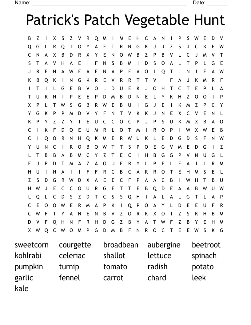 Patrick's Patch Vegetable Hunt Word Search