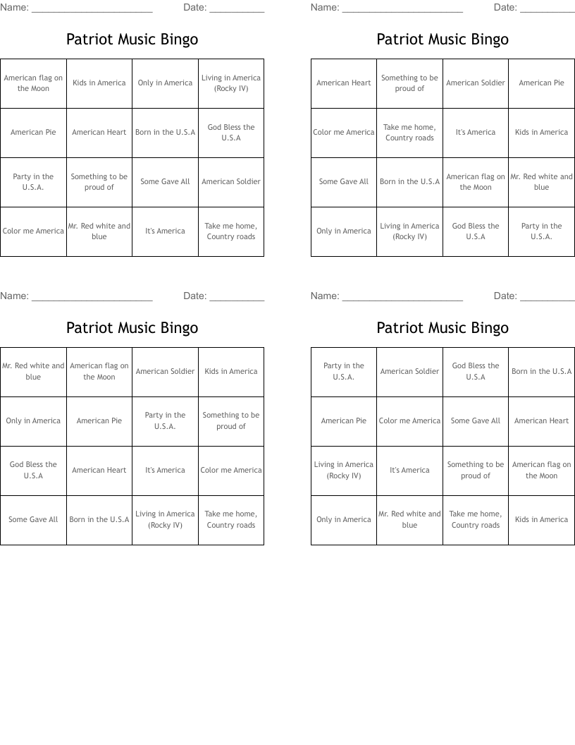 Patriot Music Bingo