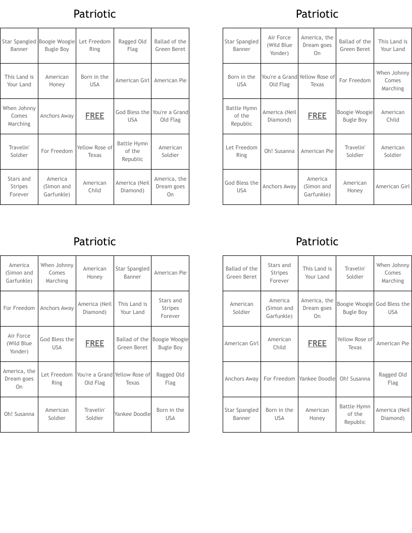 Patriotic Bingo Cards
