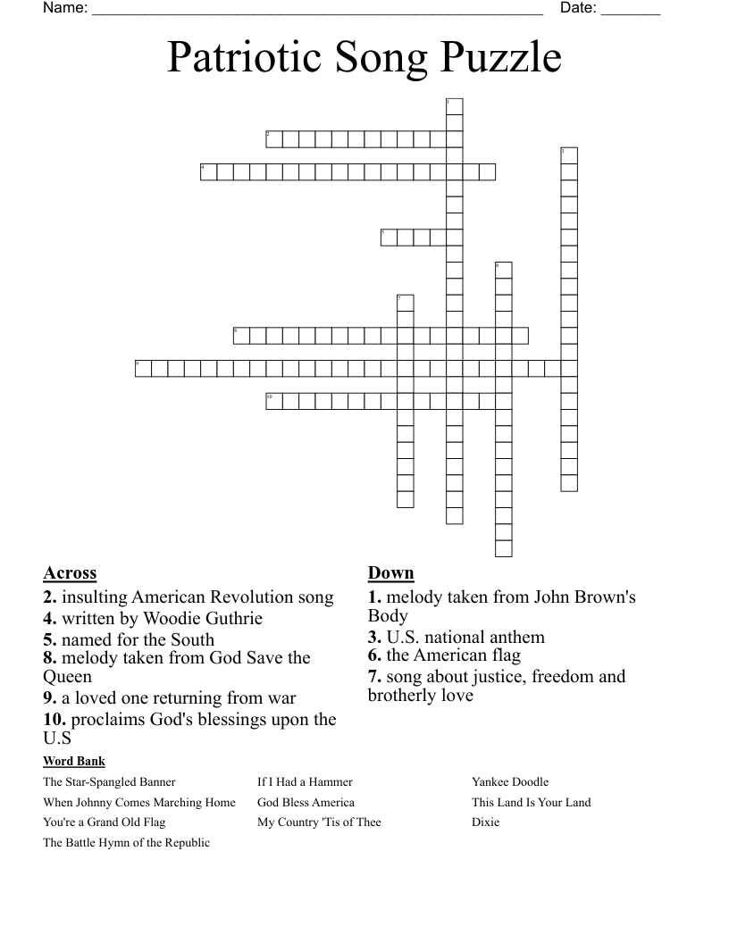 Patriotic Song Puzzle Crossword