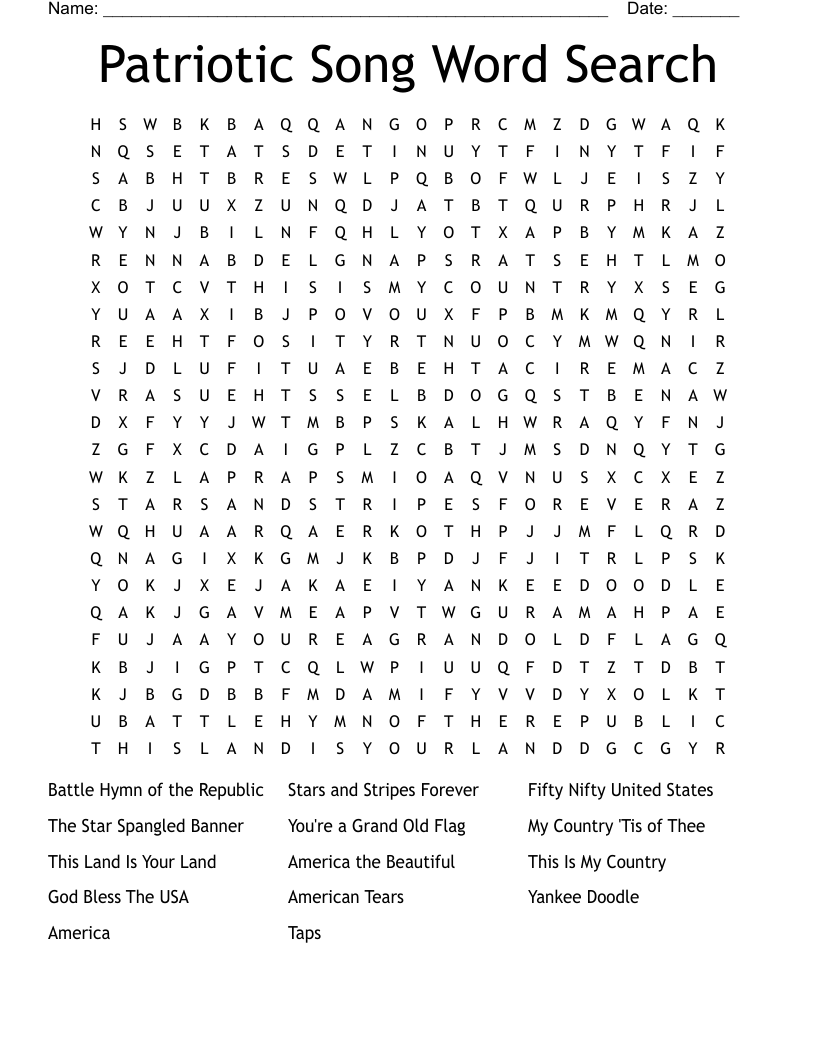 Patriotic Song Word Search