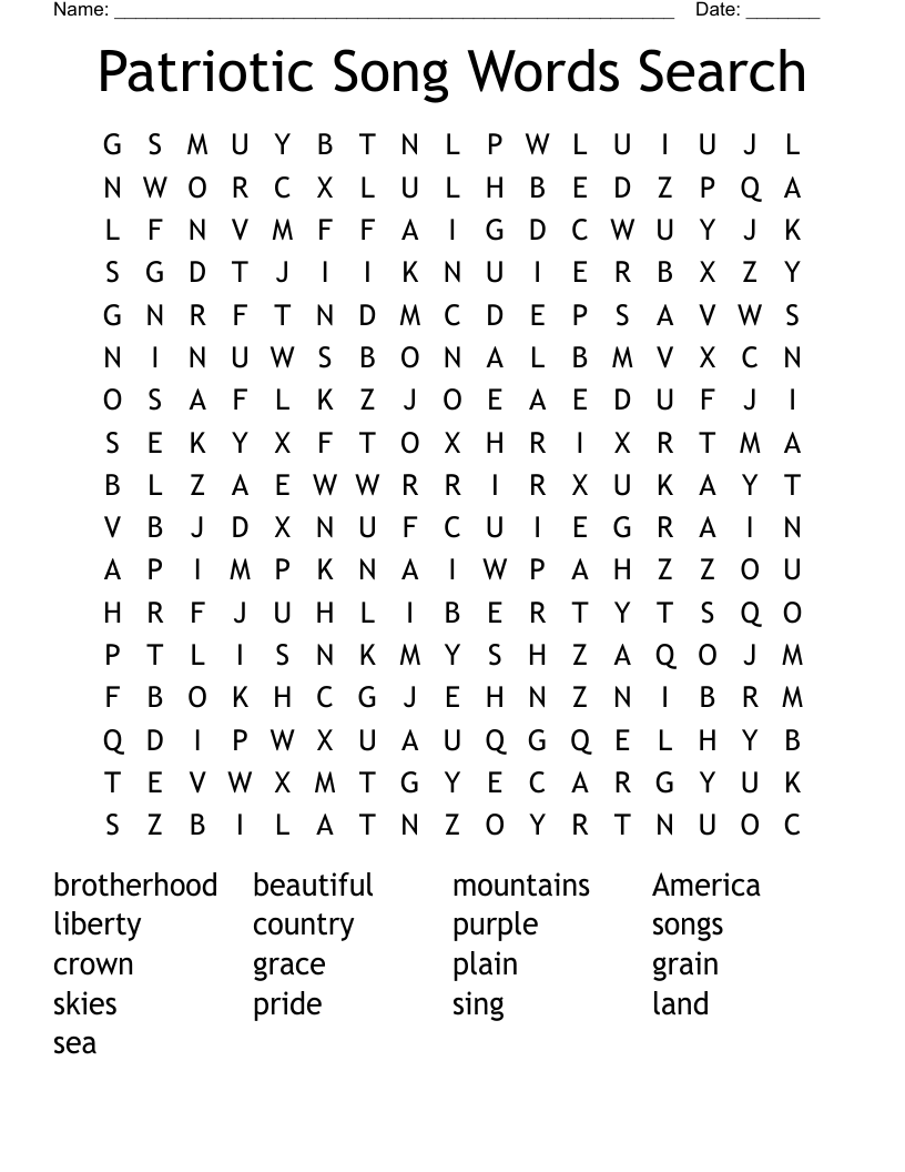 Patriotic Song Words Search Word Search