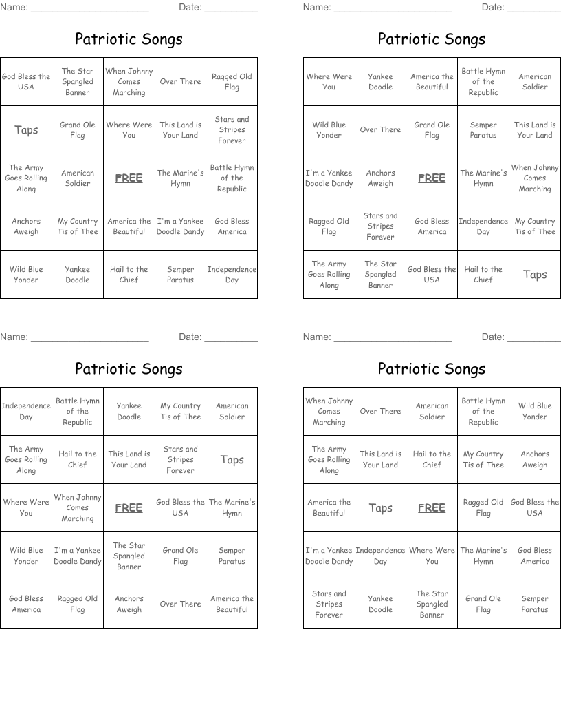 Patriotic Songs Bingo Cards