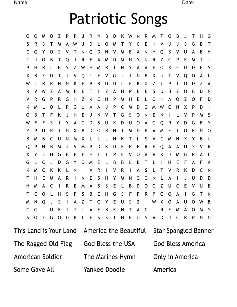 Patriotic Songs Word Search