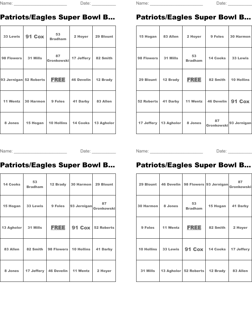 Patriots/Eagles Super Bowl Bingo