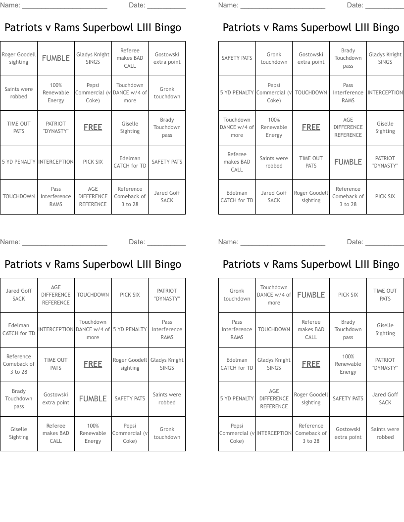 Patriots v Rams Superbowl LIII Bingo 