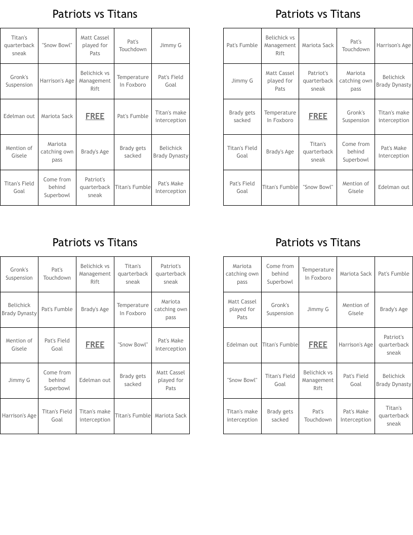 Patriots vs Titans Bingo Cards