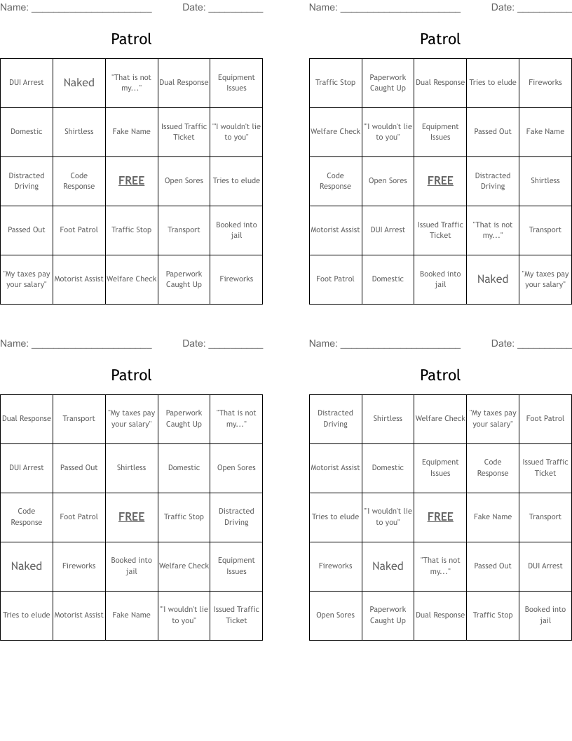 Patrol Bingo Cards