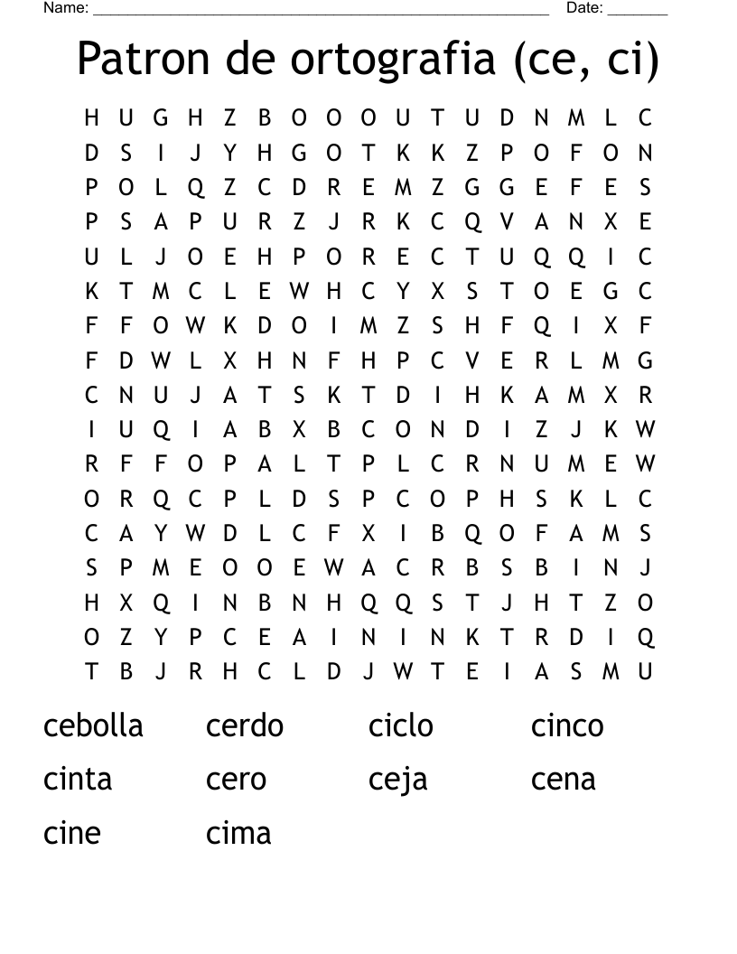 Patron de ortografia (ce, ci) Word Search