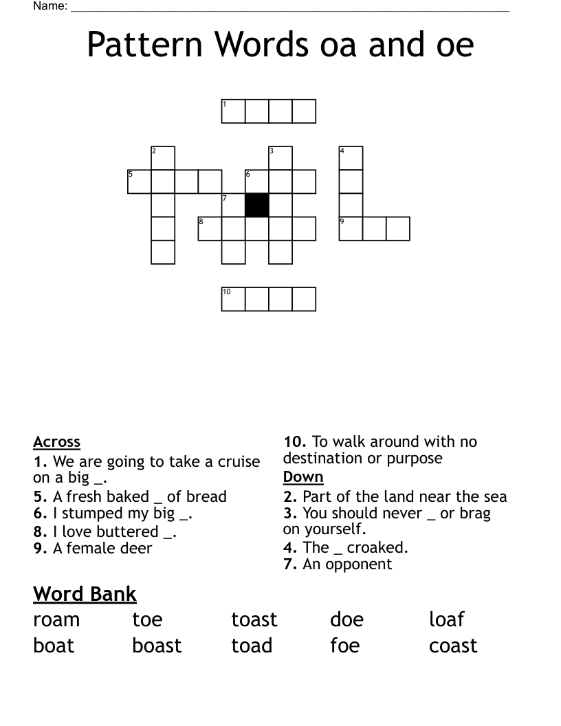 Pattern Words oa and oe Crossword
