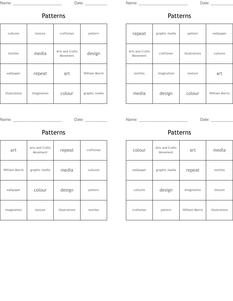 Patterns Bingo Cards