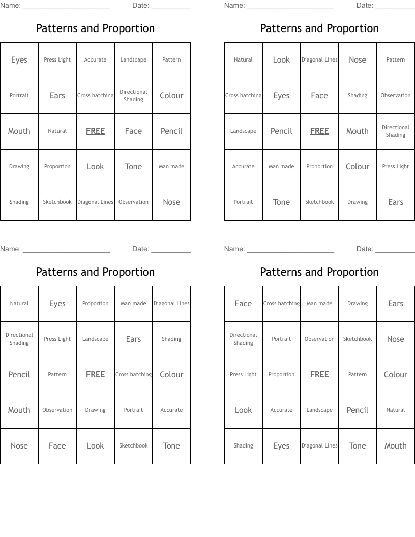 Patterns and Proportion Bingo Cards