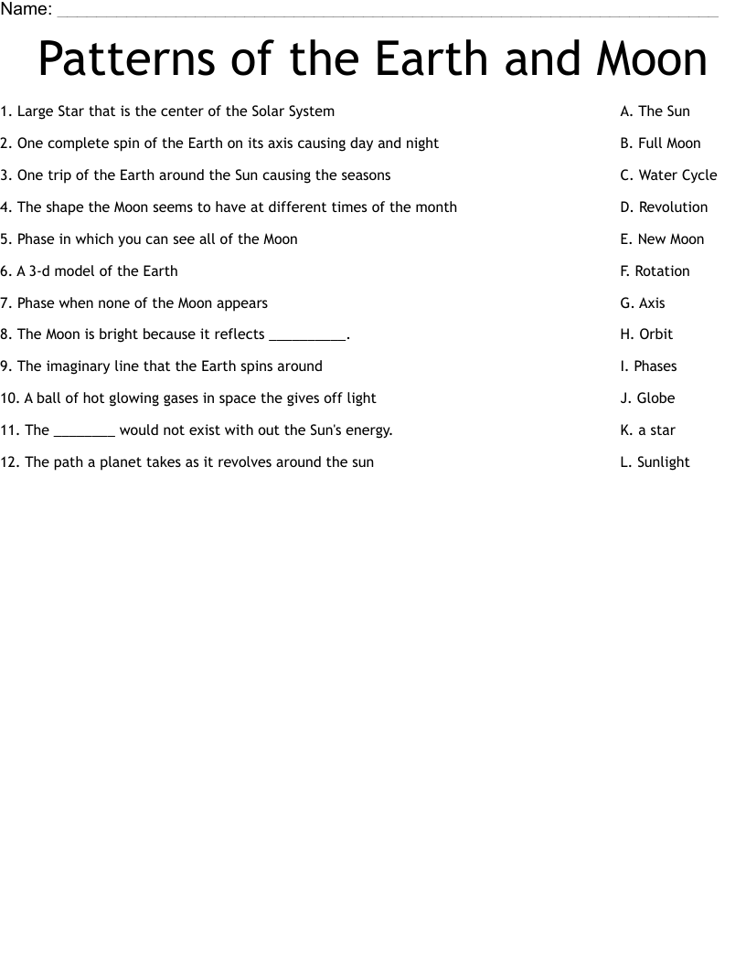 Patterns of the Earth and Moon Worksheet