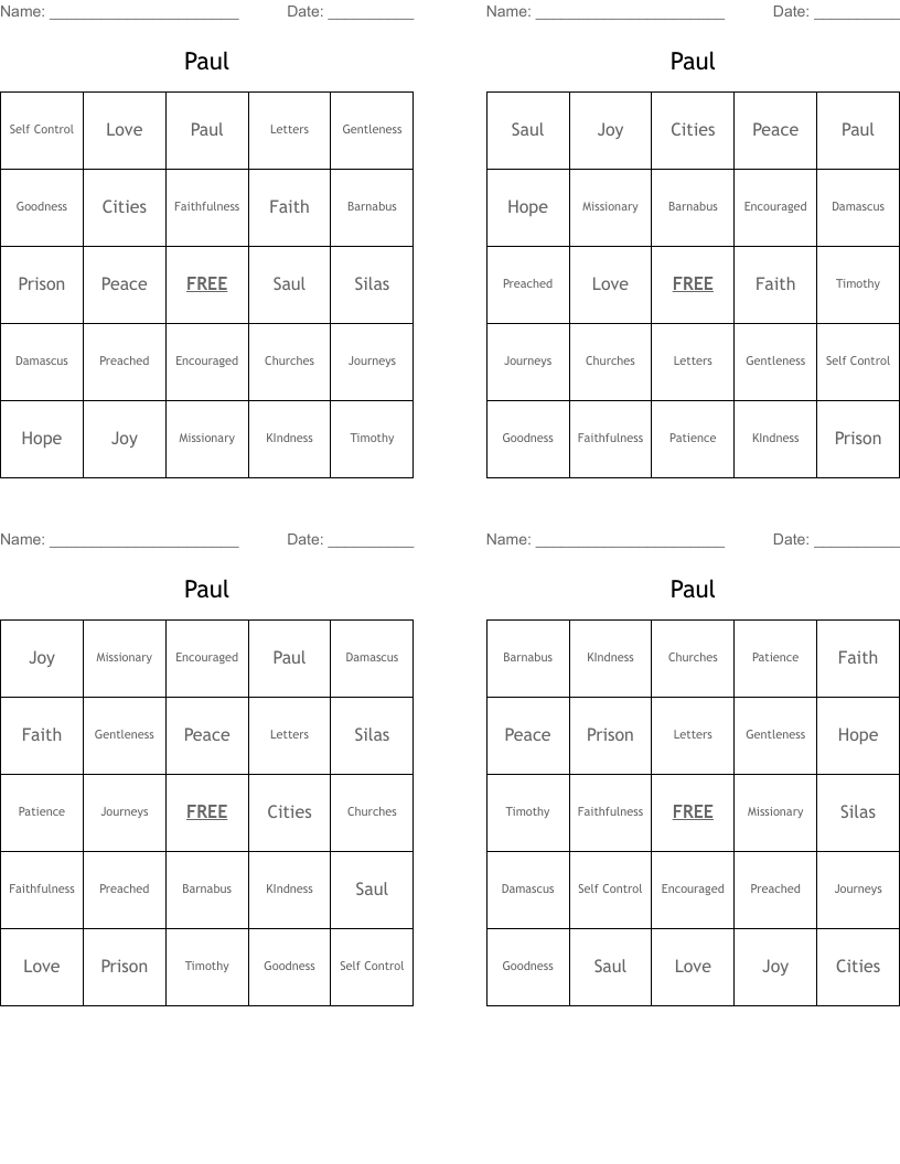 Paul Bingo Cards