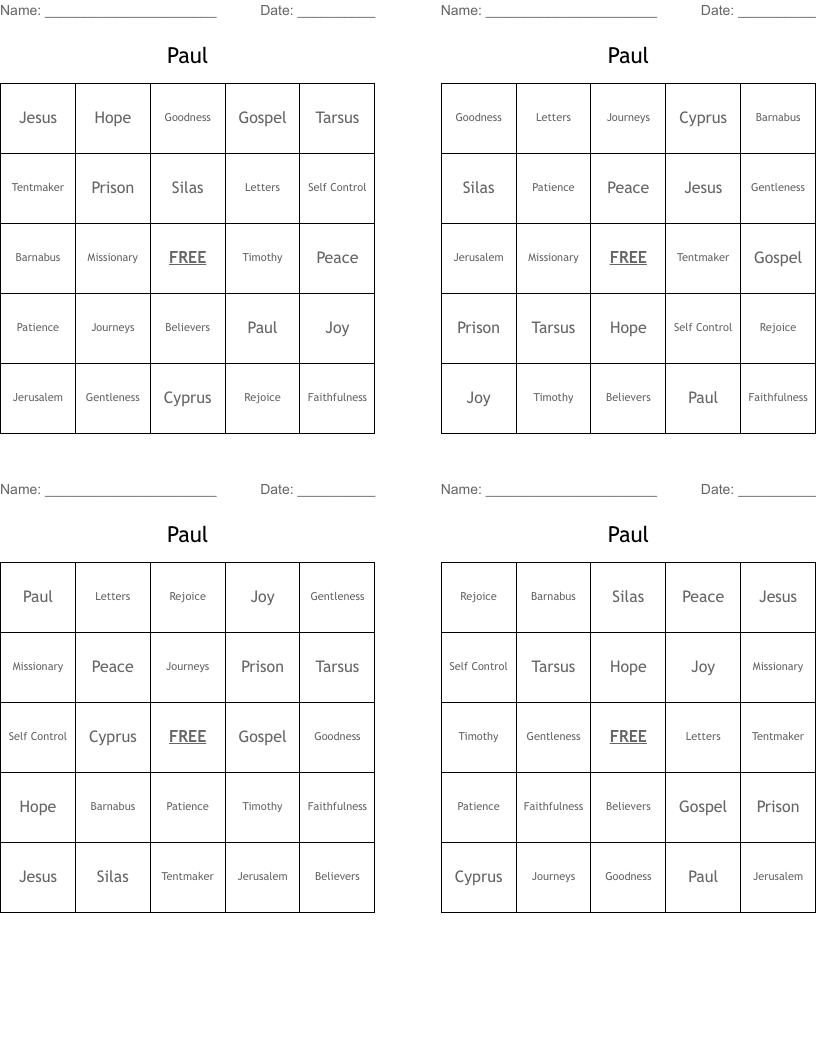 Paul Bingo Cards