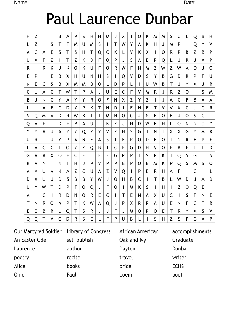 Paul Laurence Dunbar Word Search