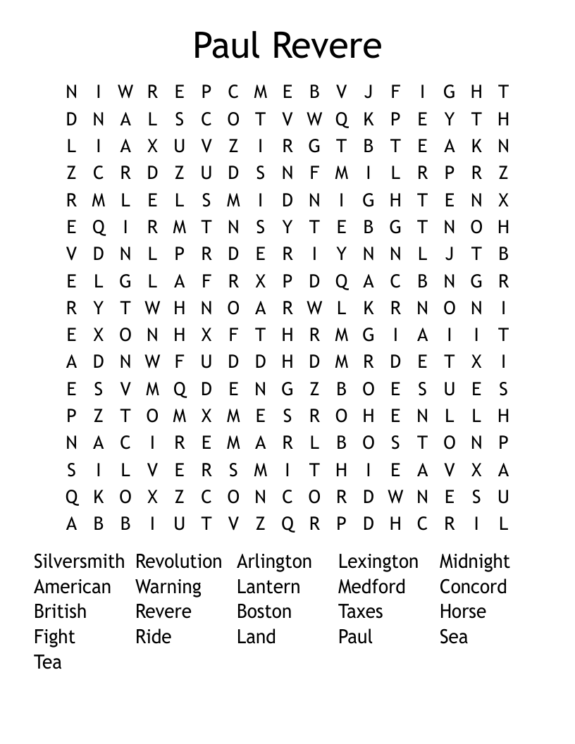 Paul Revere Word Search