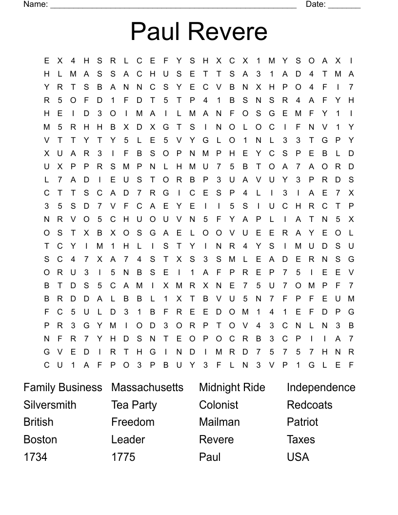 Paul Revere Word Search