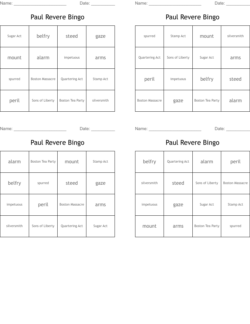 Paul Revere Bingo 