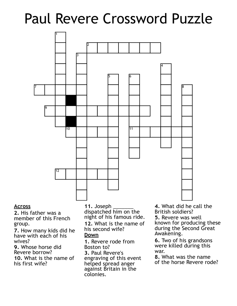 Paul Revere Crossword Puzzle